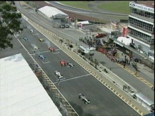 The start. Coulthard stalls, but the others avoid him