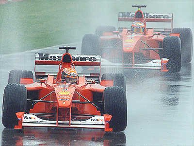 The two Ferrari pull a one-two in the rain 
