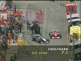 Coulthard cuts out of the pits in front of Barrichello and takes third place.