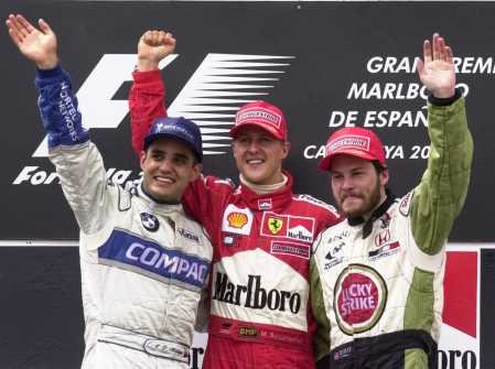 The podium: M. Schumacher, Montoya and Villeneuve